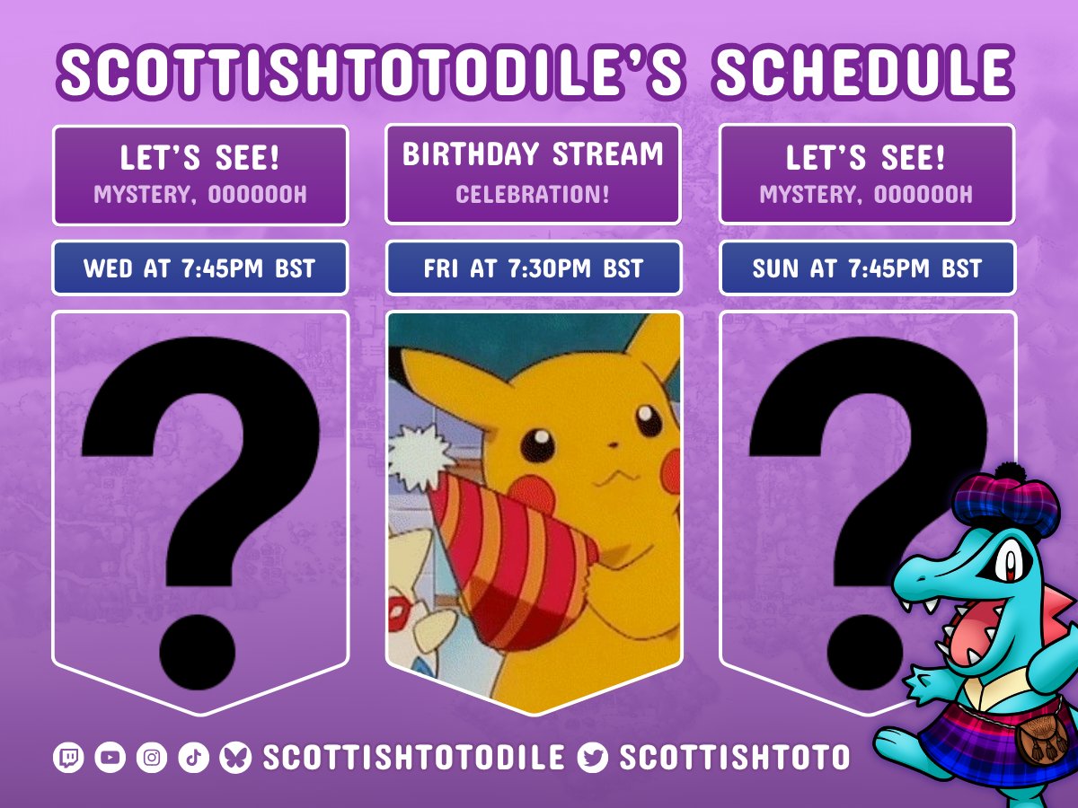 STREAM SCHEDULE FOR MY BIRTHDAY WEEK!!!

(My birthday is on Monday the 11th but I'm not streaming then so we're celebrating on Friday the 8th, shush, it's fine). 

I have had a shite 3 weeks. Let's have a laugh this week - no clue what we'll do each night, will decide on the day!