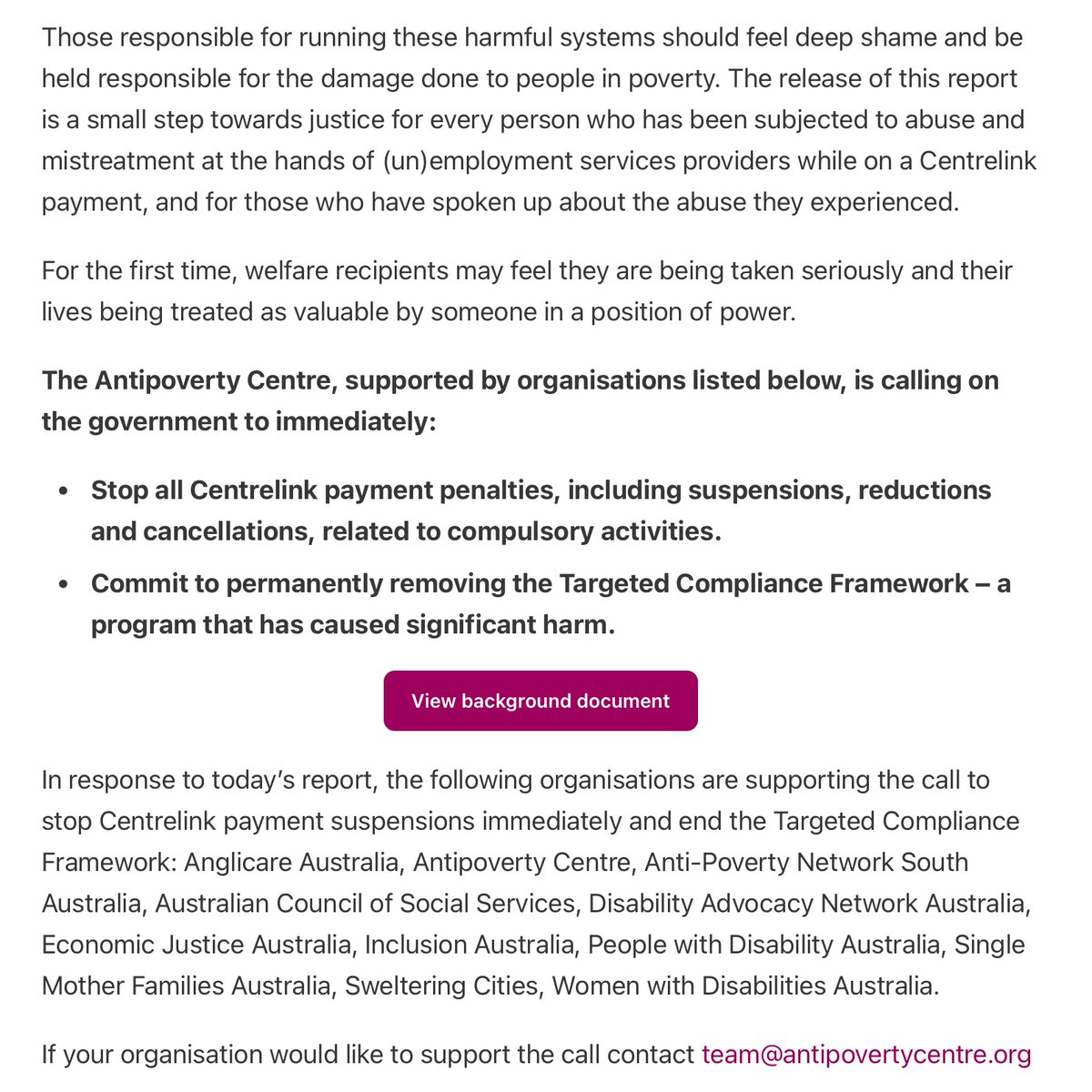 Antipoverty Centre (@antipovertycent) on Twitter photo 🚨 A new report into unlawful Centrelink payment cancellations is out!
The Ombudsman also raised concerns about whether payment suspensions happen "fairly and reasonably" in an article with <a href="/cait__kelly/">Cait Kelly</a>.
Tune in to <a href="/RadioNational/">ABC Radio National</a> to hear from <a href="/CwealthOmb/">Commonwealth Ombudsman</a> <a href="/SquigglyRick/">Rick Morton</a> soon! 🚨 A new report into unlawful Centrelink payment cancellations is out!
The Ombudsman also raised concerns about whether payment suspensions happen "fairly and reasonably" in an article with <a href="/cait__kelly/">Cait Kelly</a>.
Tune in to <a href="/RadioNational/">ABC Radio National</a> to hear from <a href="/CwealthOmb/">Commonwealth Ombudsman</a> <a href="/SquigglyRick/">Rick Morton</a> soon!