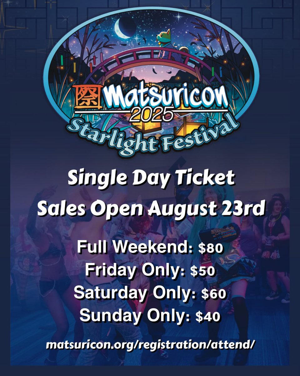 Matsuricon (@matsuricon) on Twitter photo Registration prices change on Aug 23rd! 😱 So make sure to grab your badge if you haven't already!! Single Day tickets will also be available to buy
Full Weekend: $80
Friday Only: $50
Saturday Only: $60
Sunday Only: $40
Email registration@matsuricon.org with any questions! Registration prices change on Aug 23rd! 😱 So make sure to grab your badge if you haven't already!! Single Day tickets will also be available to buy
Full Weekend: $80
Friday Only: $50
Saturday Only: $60
Sunday Only: $40
Email registration@matsuricon.org with any questions!