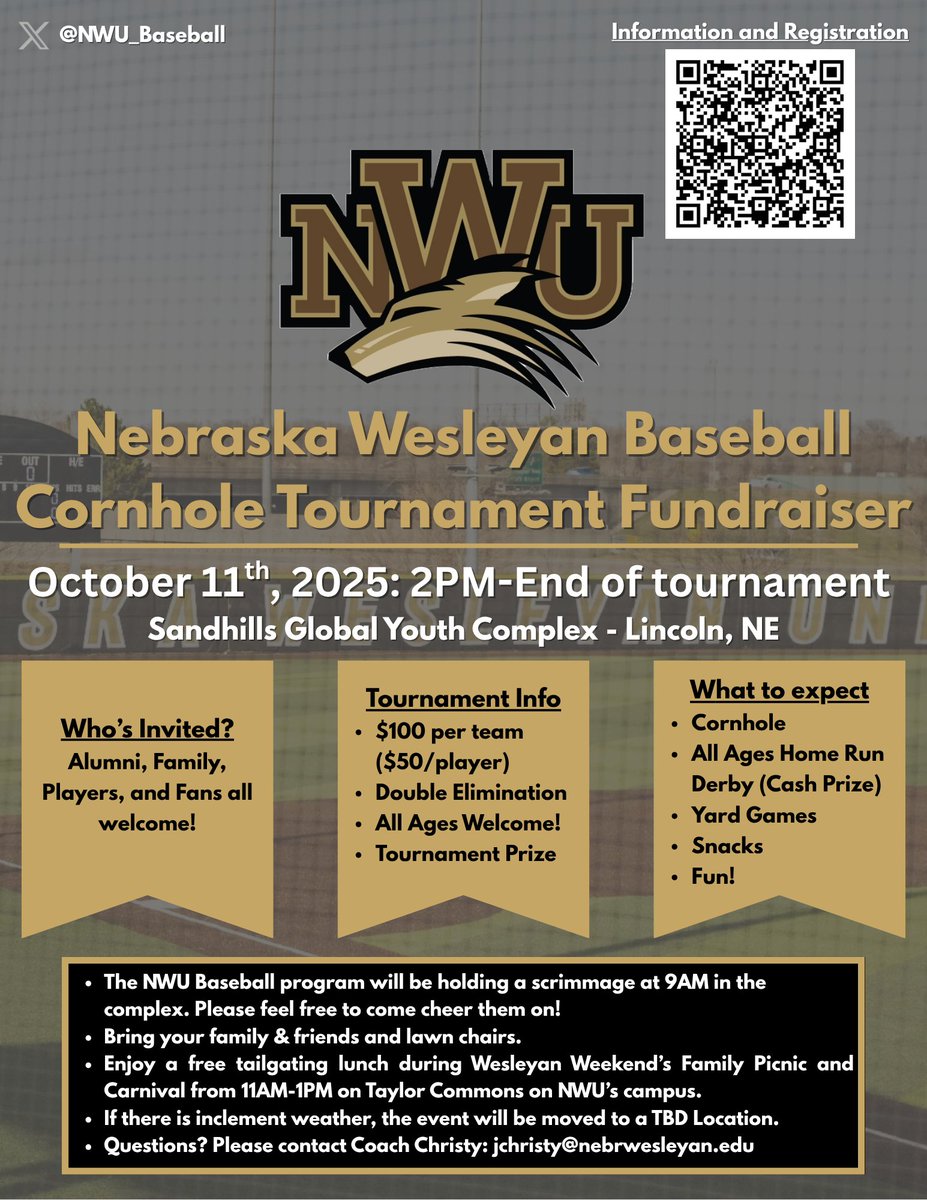Mark your calendars! NWU Baseball is excited to announce the NWU Baseball Cornhole Tournament Fundraiser on October 11th at the Sandhills Global Youth Complex! Event info can be found in the attached photo.

Sign up and payment information: nebrwesleyan.edu/student-life/a…

See you there!