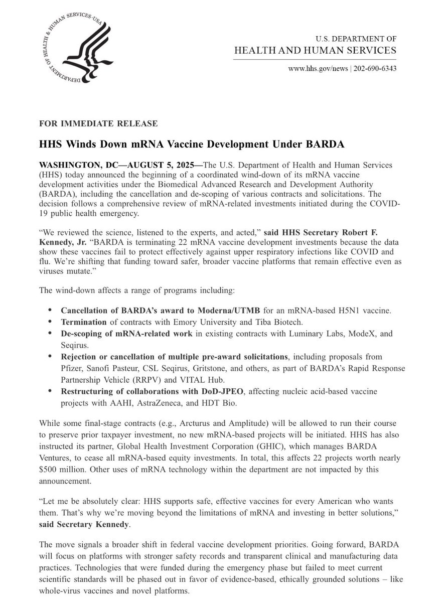 Jan Jekielek (@janjekielek) on Twitter photo 🚨BREAKING: Hundreds of millions if not billions of dollars in mRNA vaccine development contracts are being canceled and redirected.
<a href="/SecKennedy/">Secretary Kennedy</a>: “The data show these vaccines fail to protect effectively against upper respiratory infections like COVID and flu. We’re shifting 🚨BREAKING: Hundreds of millions if not billions of dollars in mRNA vaccine development contracts are being canceled and redirected.
<a href="/SecKennedy/">Secretary Kennedy</a>: “The data show these vaccines fail to protect effectively against upper respiratory infections like COVID and flu. We’re shifting