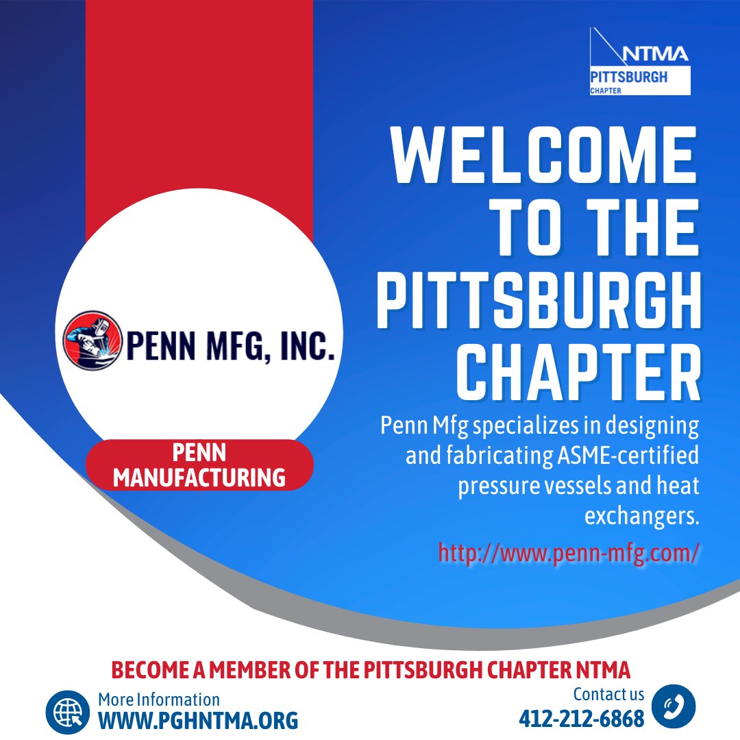 Please join us in welcoming Penn Manufacturing to the #PghNTMA!

Based in Saxonburg, PA, Penn MFG brings decades of experience in designing and fabricating ASME-certified pressure vessels and heat exchangers.

Learn more about Penn Mfg here: penn-mfg.com.

#MadeInPA