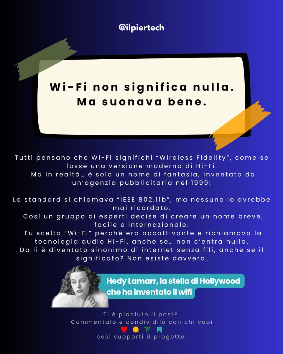 ilpiertech's tweet image. 📡 “Wireless Fidelity”? Falso!
Il nome Wi-Fi è stato inventato solo perché suonava bene.
Non è una sigla tecnica. È marketing.
#LoSapeviChe #WiFi #CuriositàTech #Tecnologia #WiFiStory #TechTrivia #HiFiWiFi #InternetHistory #NomeFinto #IlPierTech #CaroselloInstagram #FalsiMitiTech