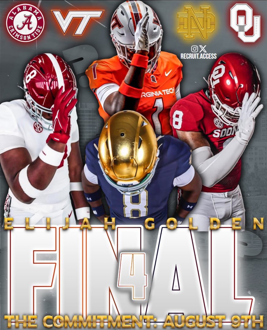 Nate Gravender (@nategravender) on Twitter photo NEWS: 4π DL Elijah Golden ( <a href="/backfield_e/">πππ-πππ₯ππππππππ πElijah Golden</a> ) will make his commitment decision on August 9th
Golden is ranked as a top 90 recruit in the nation per ESPN
He will choose between Alabama, Virginia Tech, Notre Dame, and Oklahoma
Where should he call home? β¬οΈ NEWS: 4π DL Elijah Golden ( <a href="/backfield_e/">πππ-πππ₯ππππππππ πElijah Golden</a> ) will make his commitment decision on August 9th
Golden is ranked as a top 90 recruit in the nation per ESPN
He will choose between Alabama, Virginia Tech, Notre Dame, and Oklahoma
Where should he call home? β¬οΈ