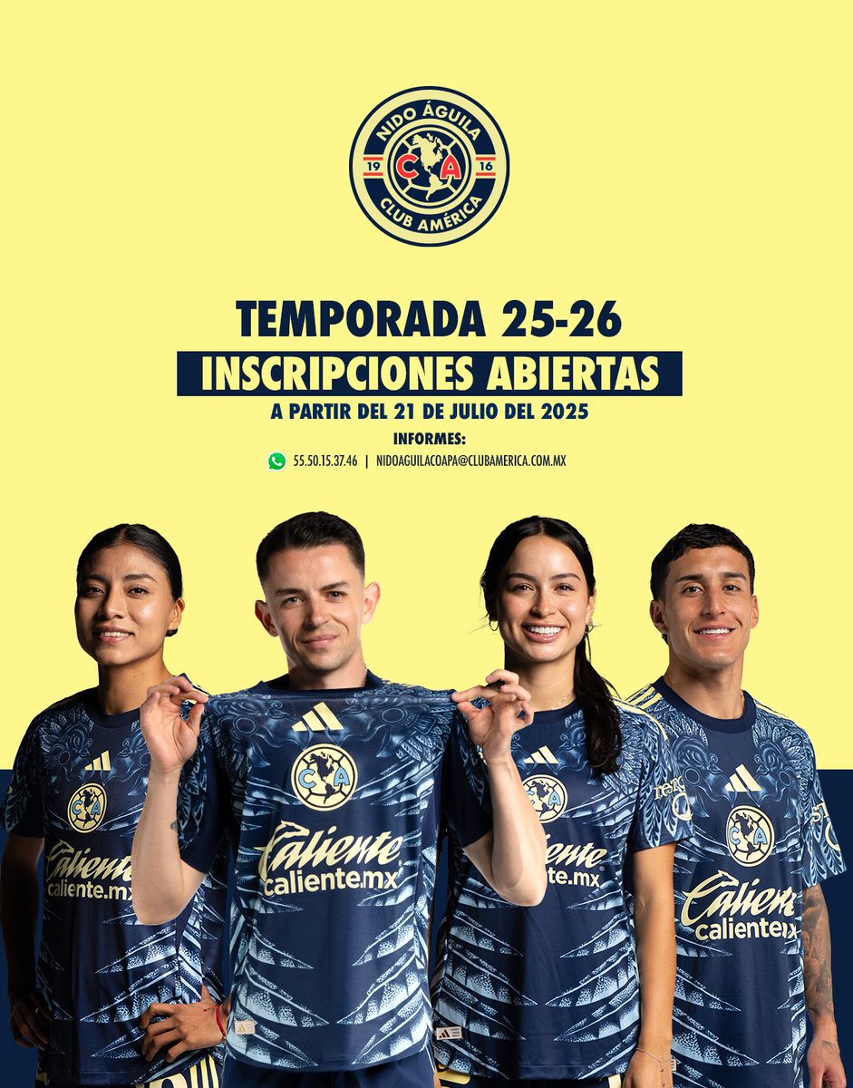 ¡Únete al Nido Águila y entrena como las y los grandes! 🦅

Inscripciones abiertas:
📱 WhatsApp: 55 5015 3746
✉️ nidoaguilacoapa@clubamerica.com.mx