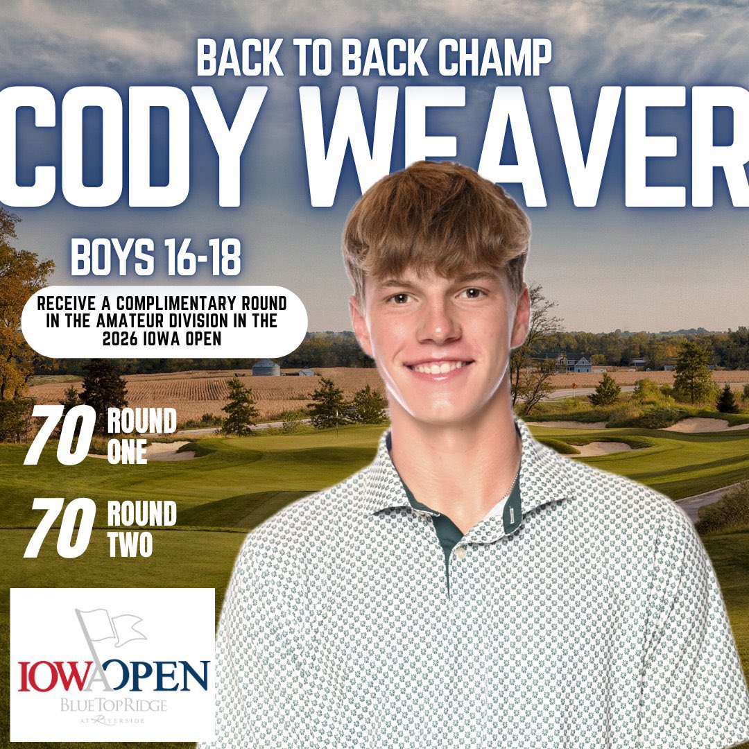 iowapga's tweet image. .Back to Back champ in the Boys 16-18  at the Iowa Junior Open, Cody Weaver! Congratulations Cody!

The Champion of the 16-18 Boys Division, Cody Weaver of Gilman, Iowa (-4) will receive a complimentary entry in the Amateur Division in the 2026 Iowa Open.