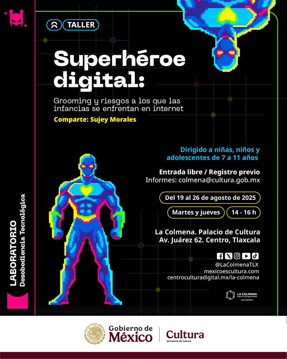 El uso de dispositivos móviles forma parte de la vida cotidiana de niñxs y adolescentes. Sin embargo, su acceso temprano los expone a riesgos que muchas veces desconocen.

Dirigido a niñxs y adolescentes de 7 a 11 años

centroculturadigital.mx/actividad/supe…