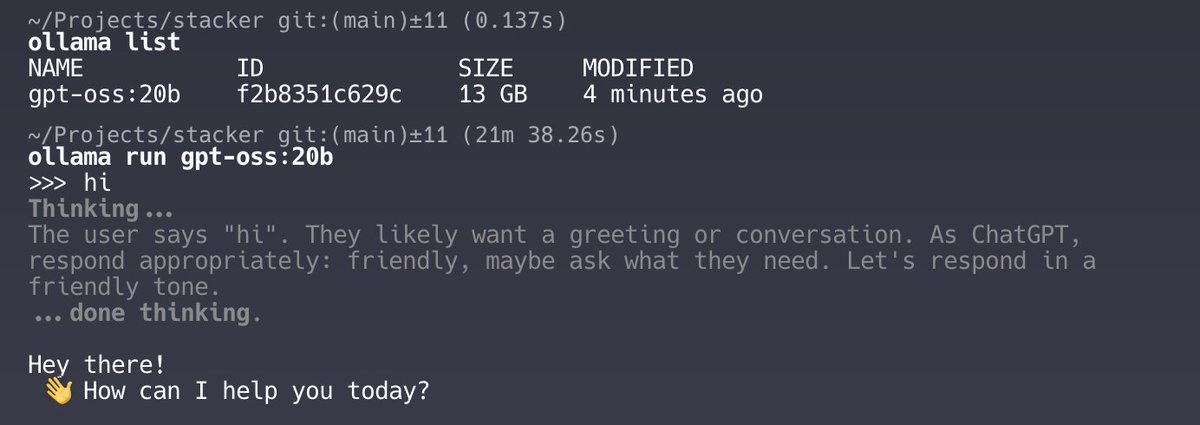 AlexReibman's tweet image. Just installed gpt-oss:20b on my M1 Macbook Pro and it took 21 minutes to produce a response