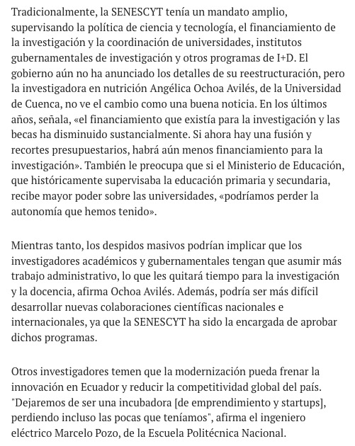 santiak's tweet photo. El portal de noticias de la revista científica Science, una de las de más prestigiosas del mundo:
"Ecuador ha eliminado su principal agencia de investigación independiente, lo que ha suscitado preocupación entre los científicos por posibles recortes presupuestarios y de personal, la retirada de las colaboraciones de investigación y la reducción de la libertad académica"
https://t.co/JcweQUXOzQ
