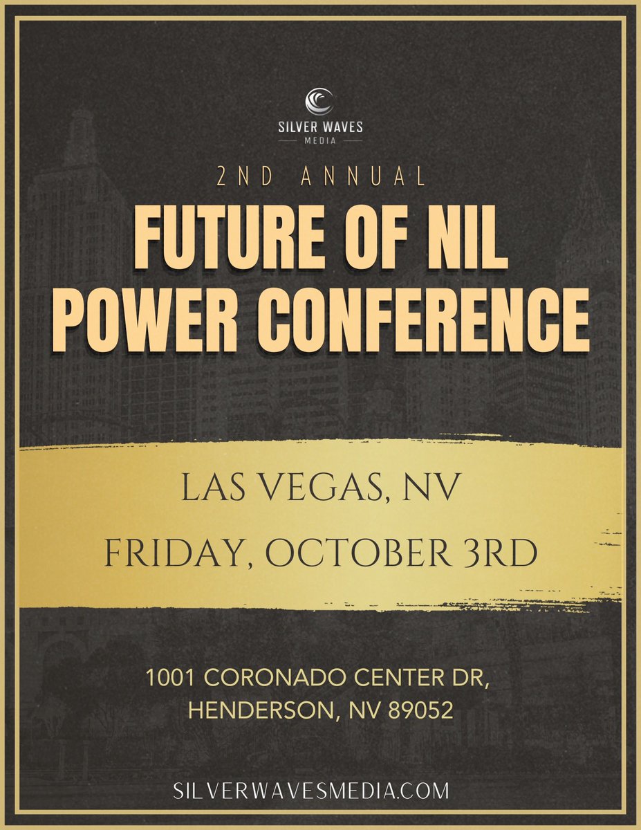 2025 Silver Waves Media Future of NIL Power Conference is back in Las Vegas Nevada.  Full line up of speakers announced August 21st.  Pre party Thursday 5-8 pm Wynn Las Vegas Lake of Dreams.  silverwavesmedia.com