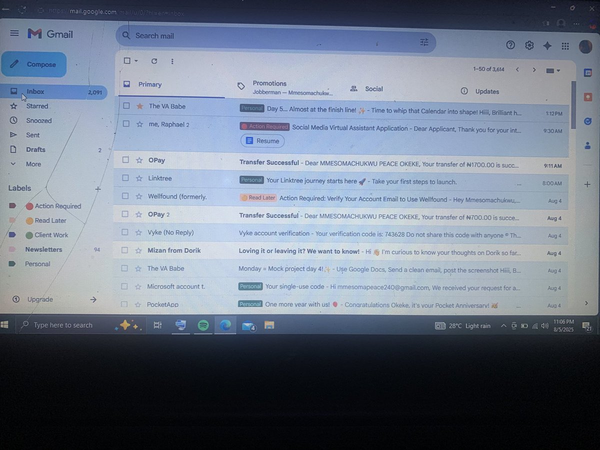 Themmesomachukw's tweet photo. Inbox chaos? Not on my watch 😌✨
I just filtered, labeled, color-coded, unsubscribed — gave my inbox the full VA glow-up it deserves.
#InboxManagement #VABabe #AdminQueen
Tagging @AlabaUmar_ to seal the soft-life approval 💅🏽📥 https://t.co/EMTZ3Q0St2
