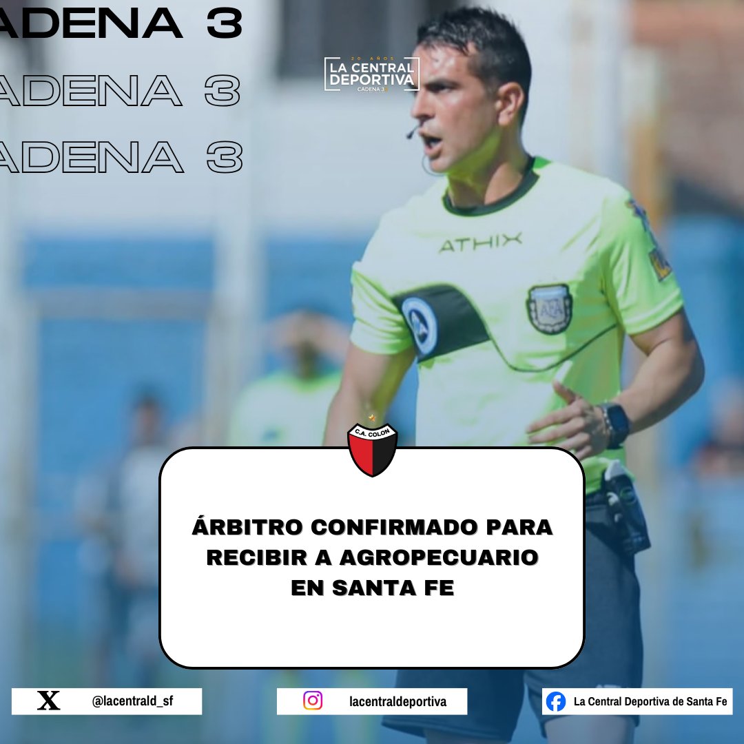 lacentrald_sf's tweet photo. 🔴⚫#Colón || 👤 Javier #Delbarba será el árbitro del encuentro ante #Agropecuario, el domingo 10/08 a las 16 hs en el 🏟️ Brigadier López, por la fecha 26 de la #PrimeraNacional 🏆
@Cadena3Com Santa Fe 📻 FM 101.7 https://t.co/aSDMw089fL