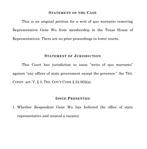 .<a href="/GregAbbott_TX/">Greg Abbott</a> is testing the waters of vacating quorum-breaking House Democrats' seats by petitioning SCOTX to vacate <a href="/GeneforTexas/">Gene Wu</a>' seat in a new petition: gov.texas.gov/uploads/files/…
#txlege