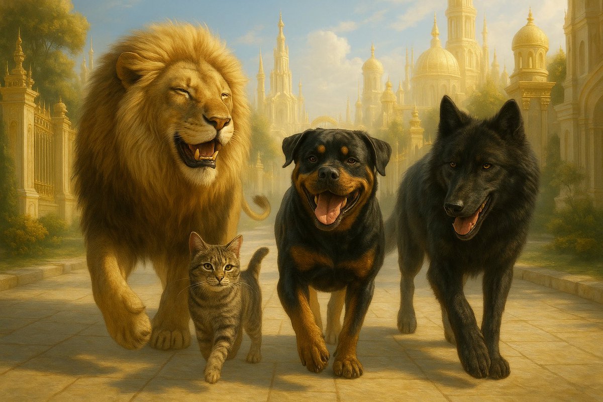 theshakphillips's tweet image. #PromptGeneration #AiArt #DigitalArt  #NewJerusalem #PeaceAndHarmony 👑 🐱 🐺 🦁 🐕