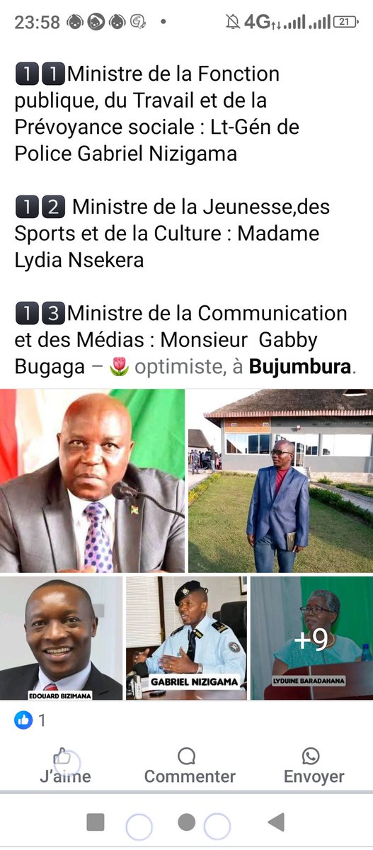 Toutes mes  félicitations aux nouveaux membres du Gouvernement. <a href="/BurundiGov/">Bureau du Premier Ministre</a> <a href="/MininterInfosBi/">MininterInfosBi</a> <a href="/GenreMinistere/">Ministère en charge de la Solidarité Nationale</a> <a href="/MdnacBi/">MDNAC Burundi</a> <a href="/FinancesBdi/">Ministère des Finances Burundi</a> <a href="/MiniJustice_BDI/">Ministère de la Justice du Burundi</a> <a href="/mspls_bdi/">Ministère de la Santé Publique Burundi(MSPLS)</a> <a href="/MFPTE_bdi/">Ministère de la Fonction Publique Burundi</a> <a href="/MAEBurundi/">MAECD</a> <a href="/MinEACJSCBdi/">Ministère EACJSC</a> <a href="/MinCommerce/">MinCommerce,Transport,Industrie&Tourisme</a>