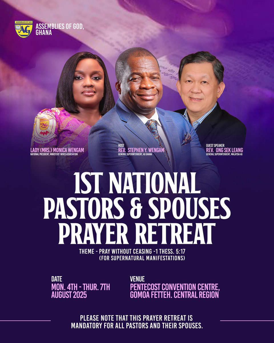 1st National Pastors And Spouses Prayer Retreat
📍 Ongoing at the Pentecost Convention Center, Gomoa Fetteh
🎙️ Guest Speaker: Rev Ong Sek Leang
Join us live on AGTV and Facebook &amp; YouTube <a href="/MyAGTV/">AGTV</a>
#PastorsAndSpousesPeayerRetreat #PrayWithoutCeasing #AssembliesofGodGhana
<a href="/_agghana/">Assemblies of God Ghana</a>