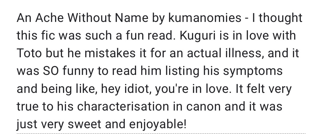 #265

An Ache Without Name | G | Kugutoto | oneshot | 0.6k | author: <a href="/kumanomies/">nathie ⚔️🦇🩸</a>  

archiveofourown.org/works/67324216