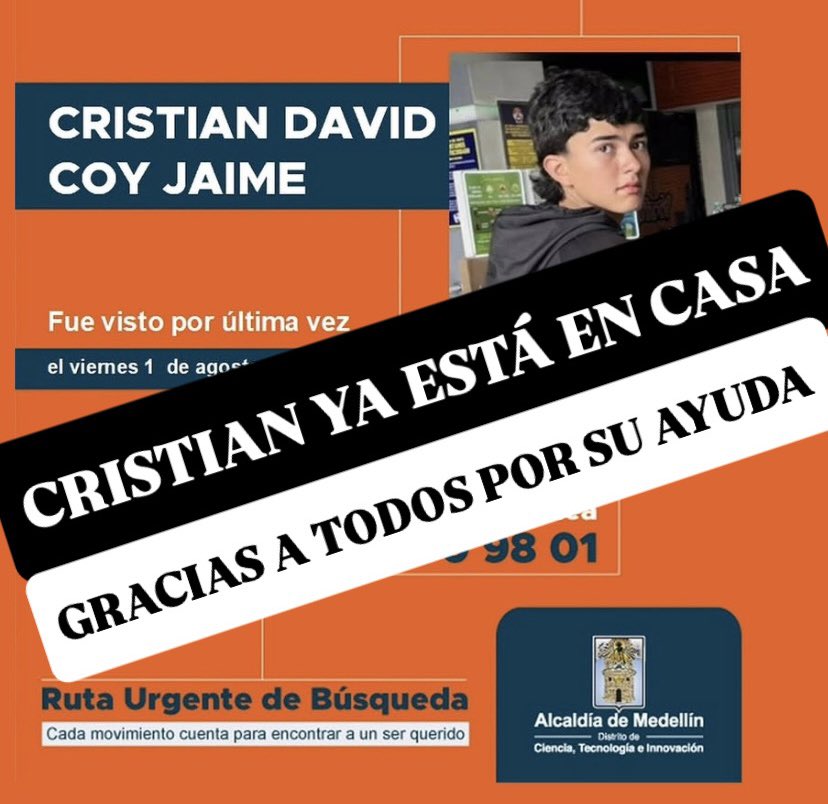 JuanMosqueraRestrepo (@lluevelove) on Twitter photo Cristian ya está en casa. Gracias a todos los que compartieron esta búsqueda. Gracias a la Fiscalía de Medellín. Gracias, gracias | <a href="/santorendon/">Santiago Rendón</a> <a href="/YoYerar/">El Yerar</a> <a href="/luzmatobon/">Luz María Tobón</a> <a href="/redepazant/">RedepazAntioquia</a> Cristian ya está en casa. Gracias a todos los que compartieron esta búsqueda. Gracias a la Fiscalía de Medellín. Gracias, gracias | <a href="/santorendon/">Santiago Rendón</a> <a href="/YoYerar/">El Yerar</a> <a href="/luzmatobon/">Luz María Tobón</a> <a href="/redepazant/">RedepazAntioquia</a>
