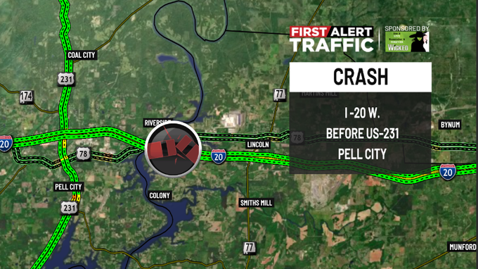 WBRC 6 Traffic (@wbrctraffic) on Twitter photo First Alert:
There is a crash on I-20 W. before US-231 in #PellCity. <a href="/WBRCnews/">WBRC 6 News</a> #wbrctraffic First Alert:
There is a crash on I-20 W. before US-231 in #PellCity. <a href="/WBRCnews/">WBRC 6 News</a> #wbrctraffic
