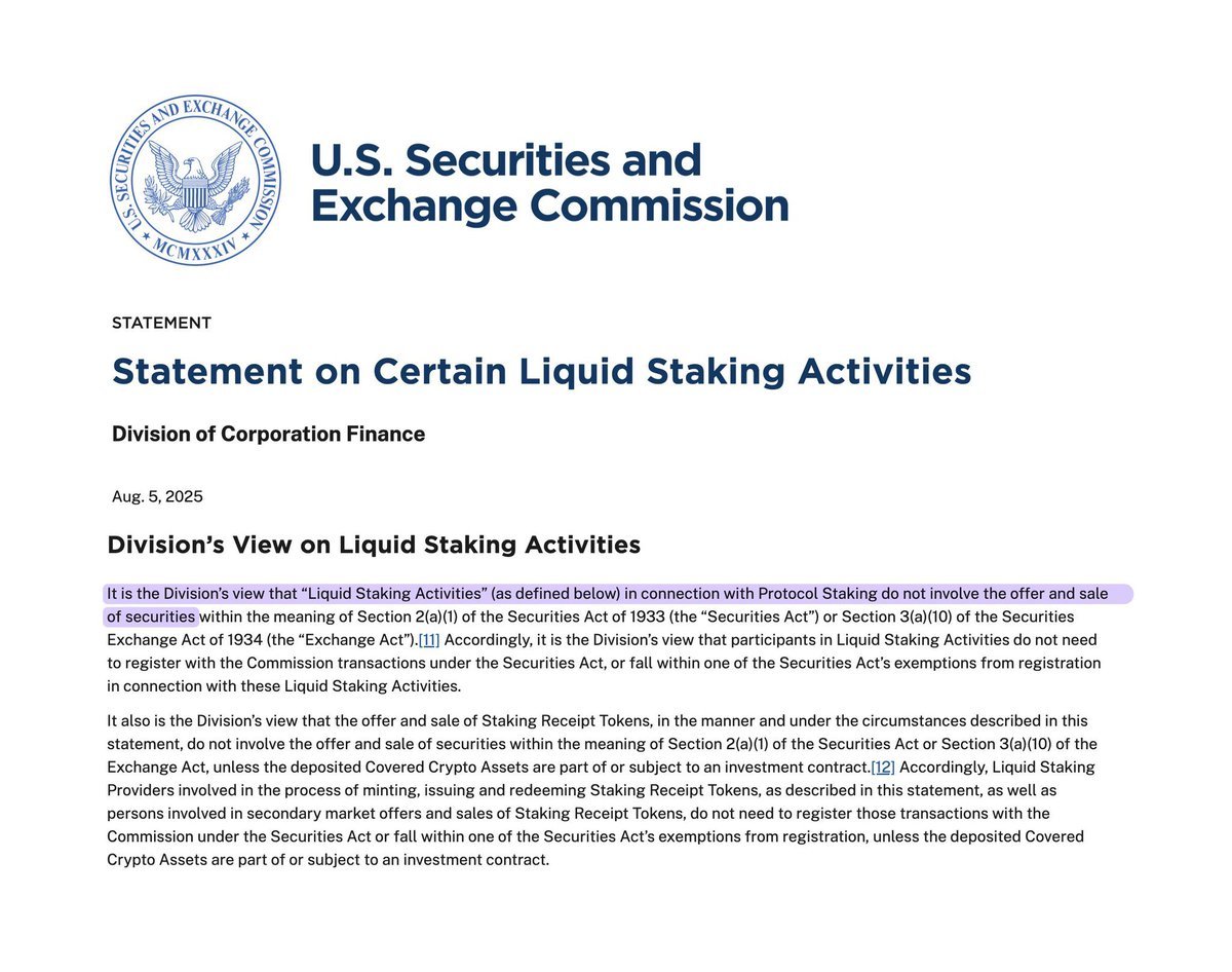 🇺🇸 SEC declares that liquid staking activities and tokens are not considered securities.

Clear rules. Better products. Stronger networks. ($/acc)