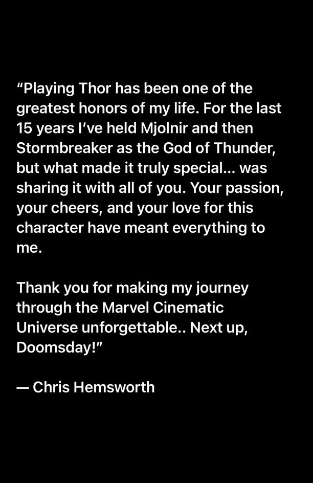 Chris Hemsworth clarifies that his recent comments about Thor weren’t a farewell:

“It definitely got misconstrued and perceived in a different way… It wasn’t a goodbye message. It’s more like the beginning of a new chapter.”

(hollywoodreporter.com/tv/tv-features…)