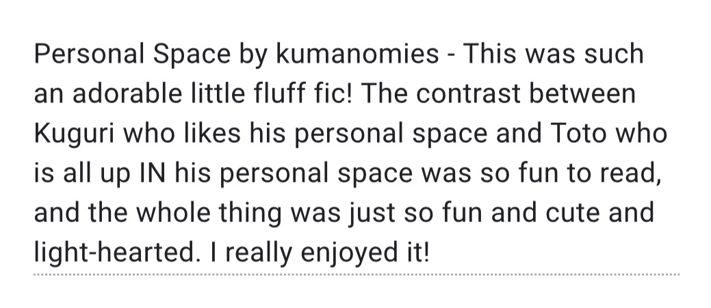 #268

Personal Space | G | Kugutoto | oneshot | 0.6k | author: <a href="/kumanomies/">nathie ⚔️🦇🩸</a> 

archiveofourown.org/works/68197331