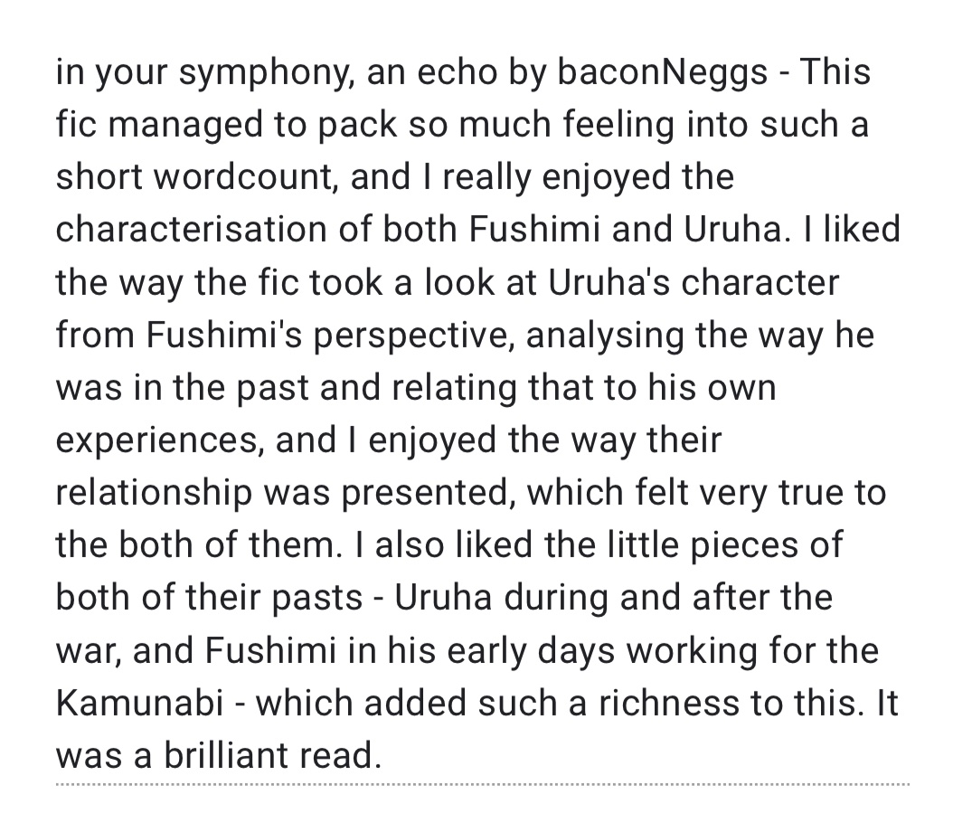 #266

in your symphony, an echo | G | Fushiruha | oneshot | 0.8k | author: baconNeggs

archiveofourown.org/works/68018891