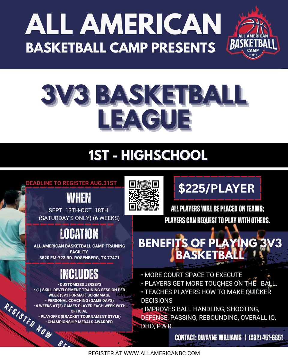🚨Register NOW to reserve your spot for our 3v3 FALL LEAGUE!!  Limited Space Available!🔥

We’ve opened it up to HIGH SCHOOL Players!!

Don’t miss out on a GUARANTEED way to work on your game &amp; get better before your season starts💯

📆Deadline: AUG. 31st

💵:$225 per player