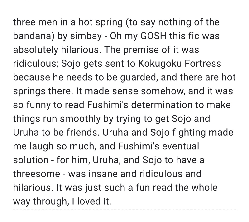 #267

three men in a hot spring (to say nothing of the bandana) | E | Fushimi/Uruha/Sojo | oneshot | 3.6k | NSFW | author: simbay

archiveofourown.org/works/68148241
