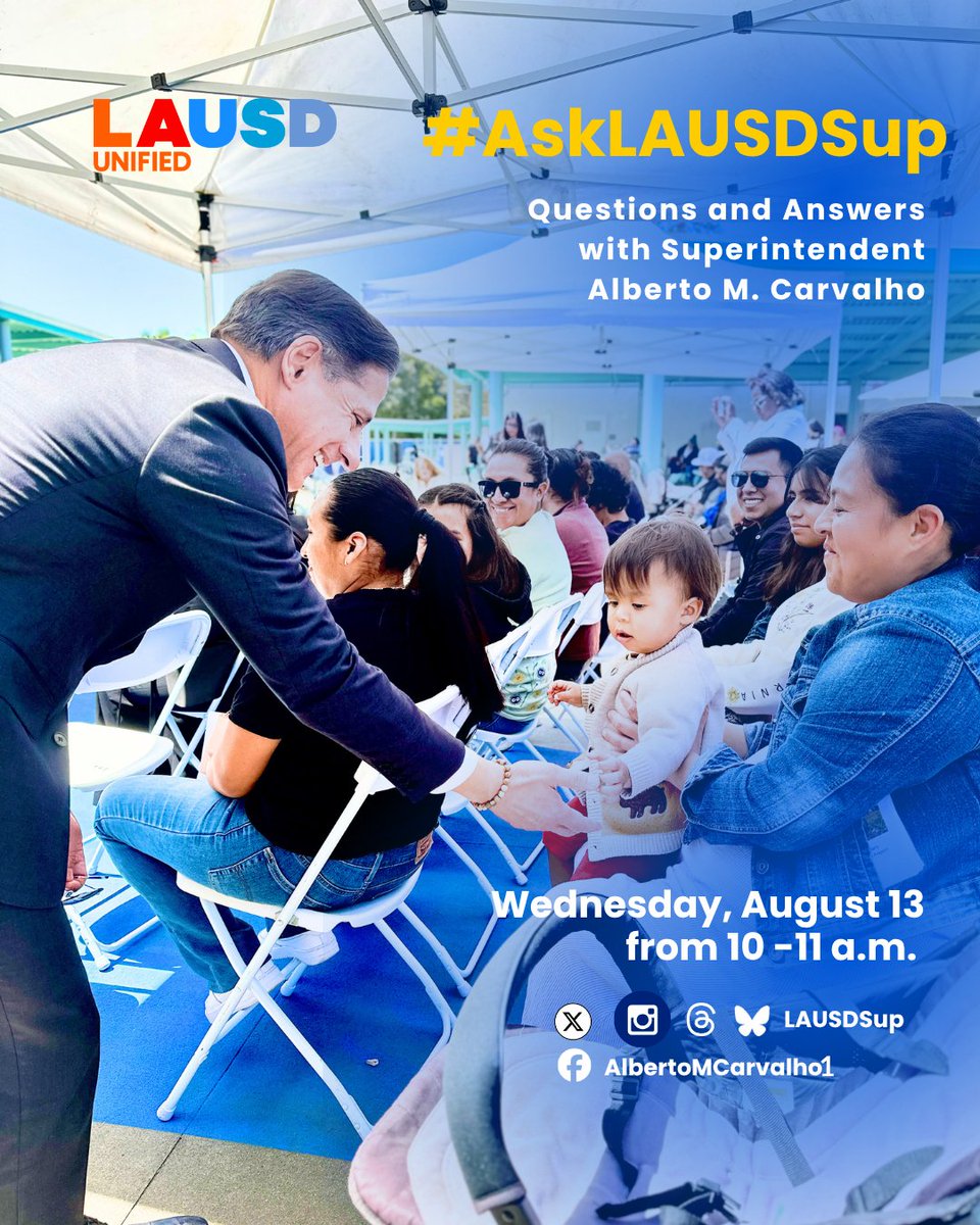 📣 Got questions about <a href="/LASchools/">Los Angeles Unified</a>? We’ve got answers!

Join us for a live social media Q&amp;A with Superintendent Alberto M. Carvalho on Wednesday, August 13, from 10–11 a.m. — on Facebook, Instagram, and X!

💬 Ask your questions live or drop them early by tagging #AskLAUSDSup.