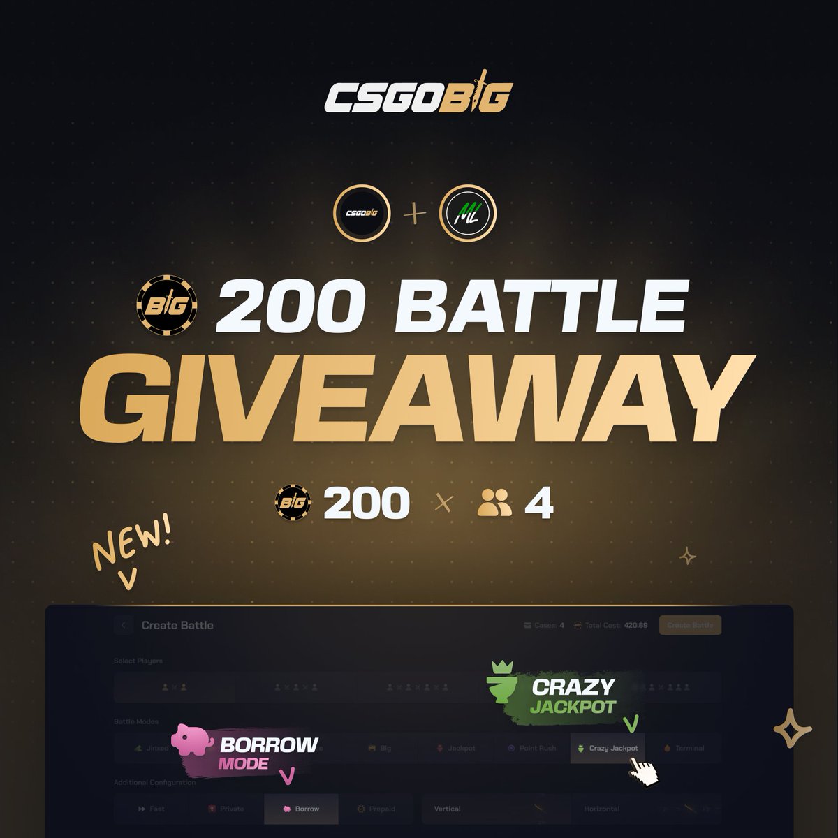 ML (@codeml_) on Twitter photo Make sure to check out <a href="/csgobig/">CSGOBig.com</a>'s new Borrow Mode, and Crazy Jackpot Gamemode! To celebrate we are giving away a 200c Sponsored Battle for 4 Winners!
- Follow <a href="/csgobig/">CSGOBig.com</a> & <a href="/CodeML_/">ML</a>
- Repost & Like
- Use Code ML on CSGOBIG (Not Required)
Rolling in 7 days! Make sure to check out <a href="/csgobig/">CSGOBig.com</a>'s new Borrow Mode, and Crazy Jackpot Gamemode! To celebrate we are giving away a 200c Sponsored Battle for 4 Winners!
- Follow <a href="/csgobig/">CSGOBig.com</a> & <a href="/CodeML_/">ML</a>
- Repost & Like
- Use Code ML on CSGOBIG (Not Required)
Rolling in 7 days!