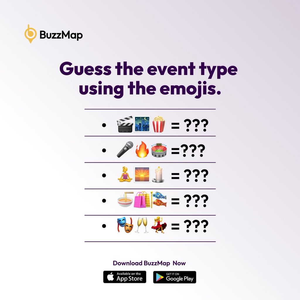 mybuzzmap's tweet image. Can you guess these events using the emojis?? 🤔

Let’s go in the comments… can’t wait to see the first person to get all answer💃🏽

📲Download BuzzMap on Apple Store and Google Play Store.

#buzzmap #somethingfun #events #eventfinder