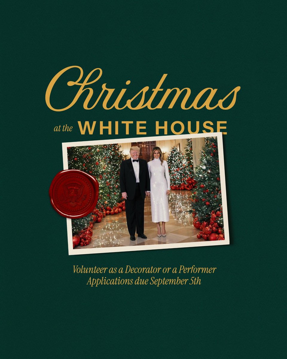 The White House (@whitehouse) on Twitter photo Join President Donald J. Trump and <a href="/FLOTUS/">First Lady Melania Trump</a> in celebrating a timeless tradition: Christmas at the White House!
Apply to volunteer as a decorator or performer by September 5.🎄
➡️ whitehouse.gov/briefings-stat… Join President Donald J. Trump and <a href="/FLOTUS/">First Lady Melania Trump</a> in celebrating a timeless tradition: Christmas at the White House!
Apply to volunteer as a decorator or performer by September 5.🎄
➡️ whitehouse.gov/briefings-stat…