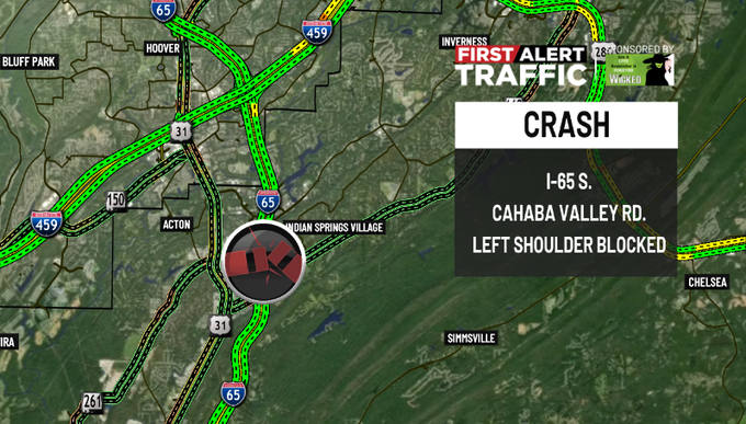 WBRC 6 Traffic (@wbrctraffic) on Twitter photo First Alert:
There is a crash on I-65 S. at Cahaba Valley Rd. blocking the left shoulder. <a href="/WBRCnews/">WBRC 6 News</a> #wbrctraffic First Alert:
There is a crash on I-65 S. at Cahaba Valley Rd. blocking the left shoulder. <a href="/WBRCnews/">WBRC 6 News</a> #wbrctraffic