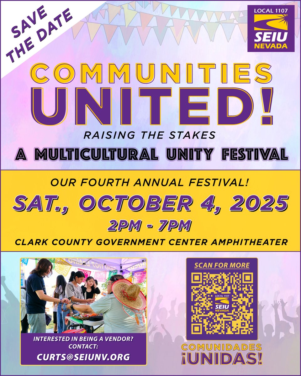 SEIU Nevada (@seiu1107) on Twitter photo 📌 SAVE THE DATE 📌
Communities United: Raising the Stakes 2025
Hosted by SEIU Local 1107 is October 4th from 2-7pm!
📩 Want to be a vendor? Contact: curts@seiunv.org
💜 This event is FREE and open to everyone! 📌 SAVE THE DATE 📌
Communities United: Raising the Stakes 2025
Hosted by SEIU Local 1107 is October 4th from 2-7pm!
📩 Want to be a vendor? Contact: curts@seiunv.org
💜 This event is FREE and open to everyone!