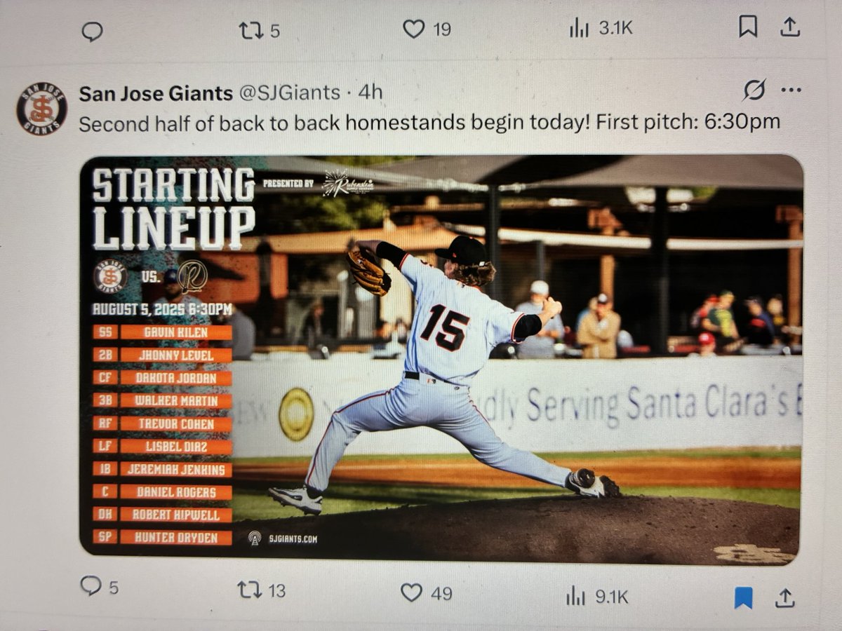 2020 grad Daniel Rogers was not only just promoted to the Giants class A affiliate in San Jose, but got the start behind the plate tonight and recorded his first official hit. Let’s go Daniel.