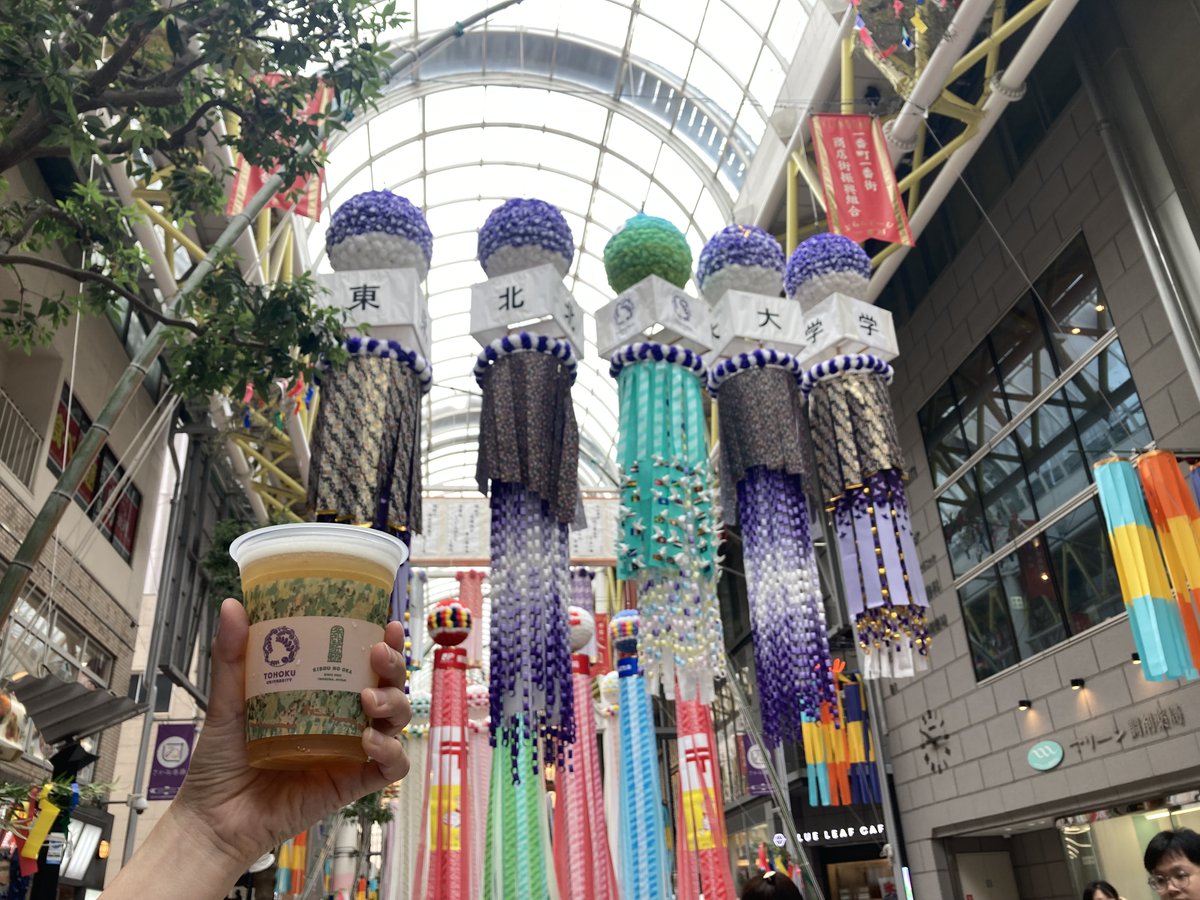 ⭐️仙台七夕🎋

きょうから始まった #仙台七夕まつり 
藤崎百貨店前では留学生たちが製作した
七夕飾りが展示されています！

松葉を利用したアップサイクルペーパーなどが
使われた「サステナブル七夕飾り」なんです🎋
会場では東北大学のコラボビールも販売中です🍺

ぜひお立ち寄りください！