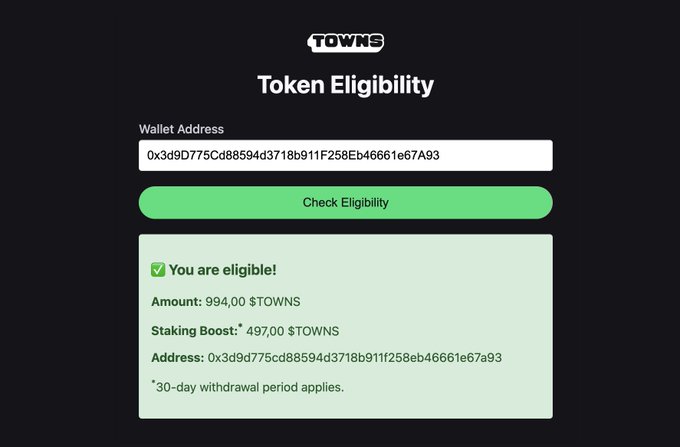 pogauren's tweet image. 🪂 $TOWNS Airdrop ready for claiming by #TownsProtocol ( @TownsProtocoll ) Live!

🎁 Link - claim.townstoken.network

🪙 Genesis Supply: 10.1B #TOWNS
🕉 1B $TOWNS allocated for the community
❤️currently valued at $0.037