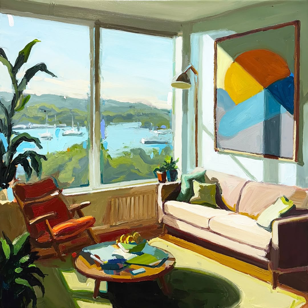 I imagined living here.
Just for a second.
How the light would fall across the carpet in the late afternoon,
how I’d forget where I left my tea,
how I’d stop everything—just to watch the boats.🪟💭🛋️
“The Life I Imagined”, 85X85cm.

#interiorpainting #windowview #australianartist
