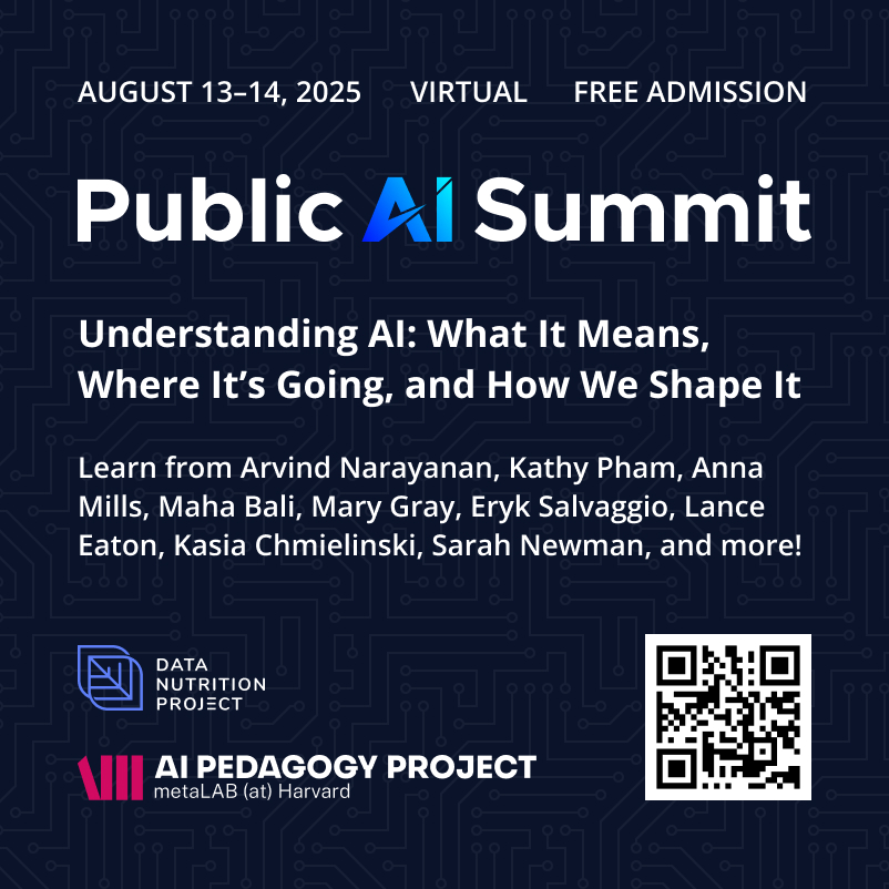 metalabharvard's tweet image. 🌐 From open-source LLMs driving social good (@KE_Watson, Aisha Iqbal, @DhruvDiddi) to online youth safety (Lisa Titus, Leah Treitman), join @Meta & @GetSoloTech experts at the Public AI Summit to discover how AI intersects with real lives. Register today! publicaisummit.org