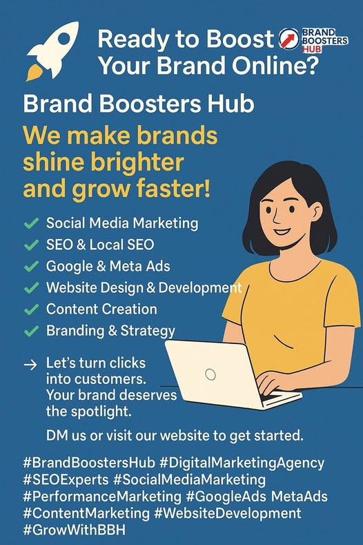 brandboostershu's tweet image. 🚀 Boost Your Brand with Brand Boosters Hub! 🚀
Looking to grow your online presence, attract more customers, and increase your ROI? We’ve got you covered!
#BrandBoostersHub #DigitalMarketingCompany #SEOService #SocialMediaMarketing #OnlineMarketing #GoogleAds #WebsiteDesign