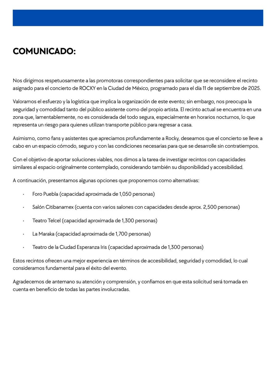 RockyLatam's tweet image. Comunicado importante 
#RockyinCDMX_CAMBIODERECINTO 

Hamo de México está muy emocionad@ por el concierto de Rocky. Sin embargo, creemos que un cambio de lugar podría asegurar la seguridad y comodidad de Rocky así como de los asistentes al concierto.
 Les pedimos amablemente a…