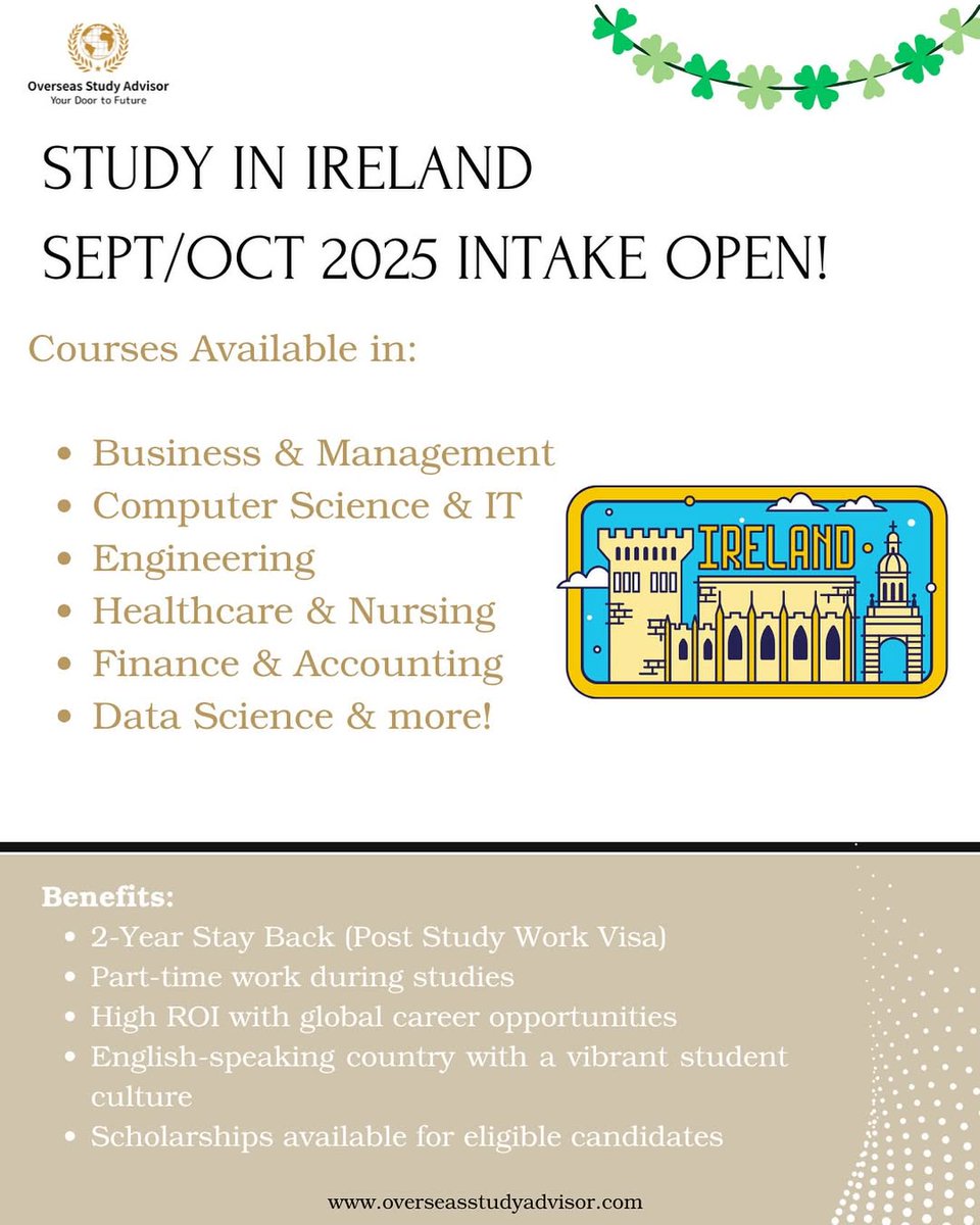 advisorOSA's tweet image. Ireland is not just green—it’s golden for your career! 🌟
Last call to apply for Fall 2025 intake. Let’s make your global dreams real! ✈️
.
.
.
#StudyInIreland #Ireland2025 #AdmissionsOpen #StudyAbroad #IrishUniversities #IrelandEducation #StudyWithScholarship #PostStudyWorkVisa