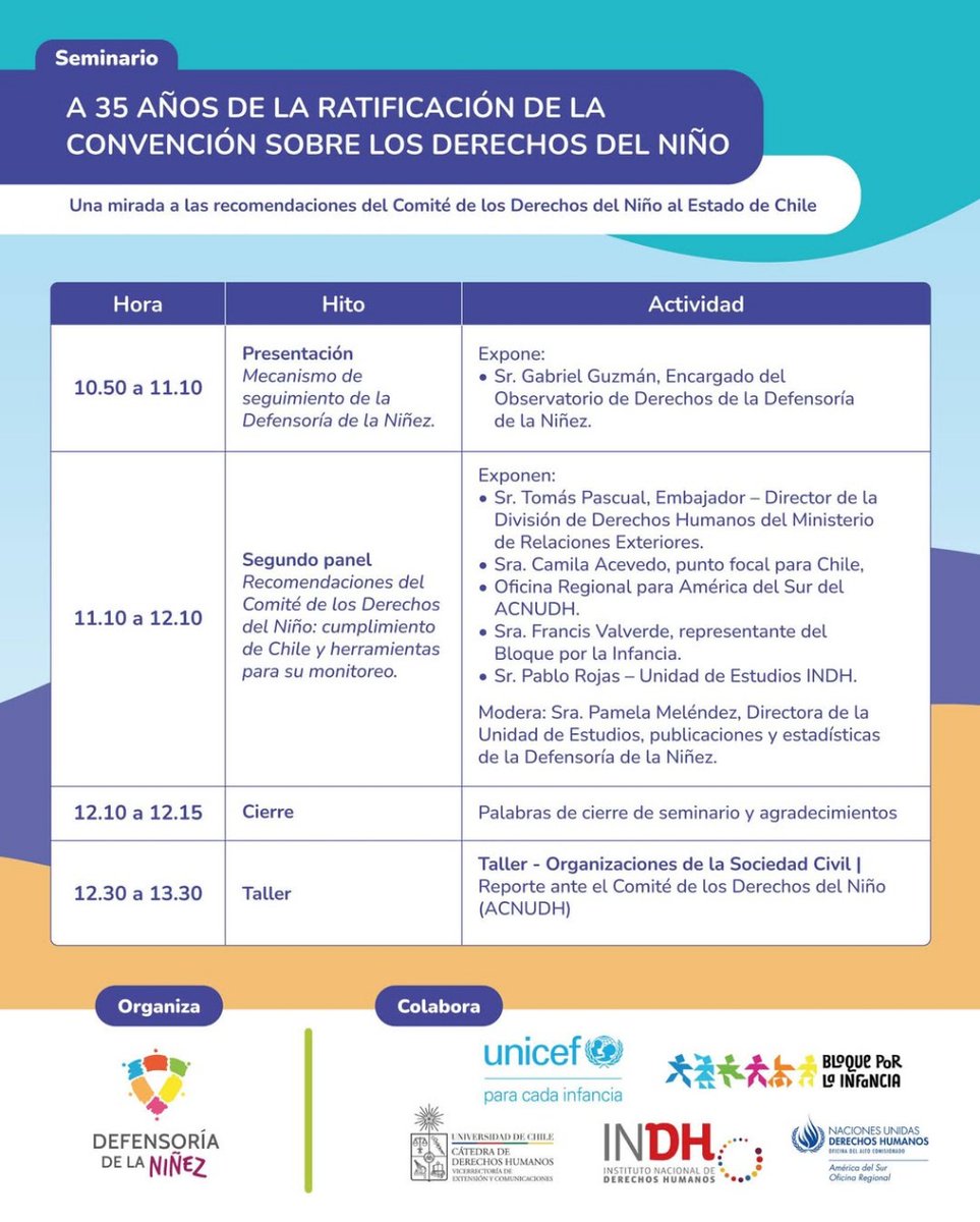 👧🏽 SEMINARIO A 35 AÑOS DE LA RATIFICACIÓN DE LA CONVENCIÓN SOBRE LOS DERECHOS DEL NIÑO
👀"Una mirada a las recomendaciones del Comité de los Derechos del Niño al Estado de Chile". 
🗓️ jueves 7 de agosto desde las 08.30
📋 Las inscripciones online en link lnkd.in/e7M4tbF4