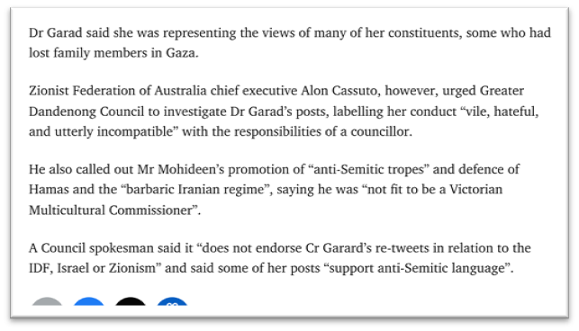 Dr Rhonda Garad @rhondagarad.bsky.social (@rhondagarad) on Twitter photo Head of the Zionist Fed Alon Cassuto demands my council investigate my anti-genocide posts, calling them āvileā and āincompatibleā with my role. The council basically agrees. Another layer of government captured by Zionist influence. heraldsun.com.au/news/victoria/⦠<a href="/noplaceforsheep/">Dr Sheep Person Podge</a> Head of the Zionist Fed Alon Cassuto demands my council investigate my anti-genocide posts, calling them āvileā and āincompatibleā with my role. The council basically agrees. Another layer of government captured by Zionist influence. heraldsun.com.au/news/victoria/⦠<a href="/noplaceforsheep/">Dr Sheep Person Podge</a>