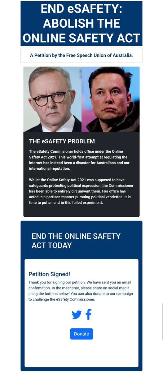 The People's King Elvis Libertarian for Hughes (@real_king_elvis) on Twitter photo Online petition by the <a href="/FSUofAustralia/">Free Speech Union of Australia</a> to end the e-safety commission.
I've signed it, have you?
Please sign and share!
endesafety.au/?s=09 Online petition by the <a href="/FSUofAustralia/">Free Speech Union of Australia</a> to end the e-safety commission.
I've signed it, have you?
Please sign and share!
endesafety.au/?s=09