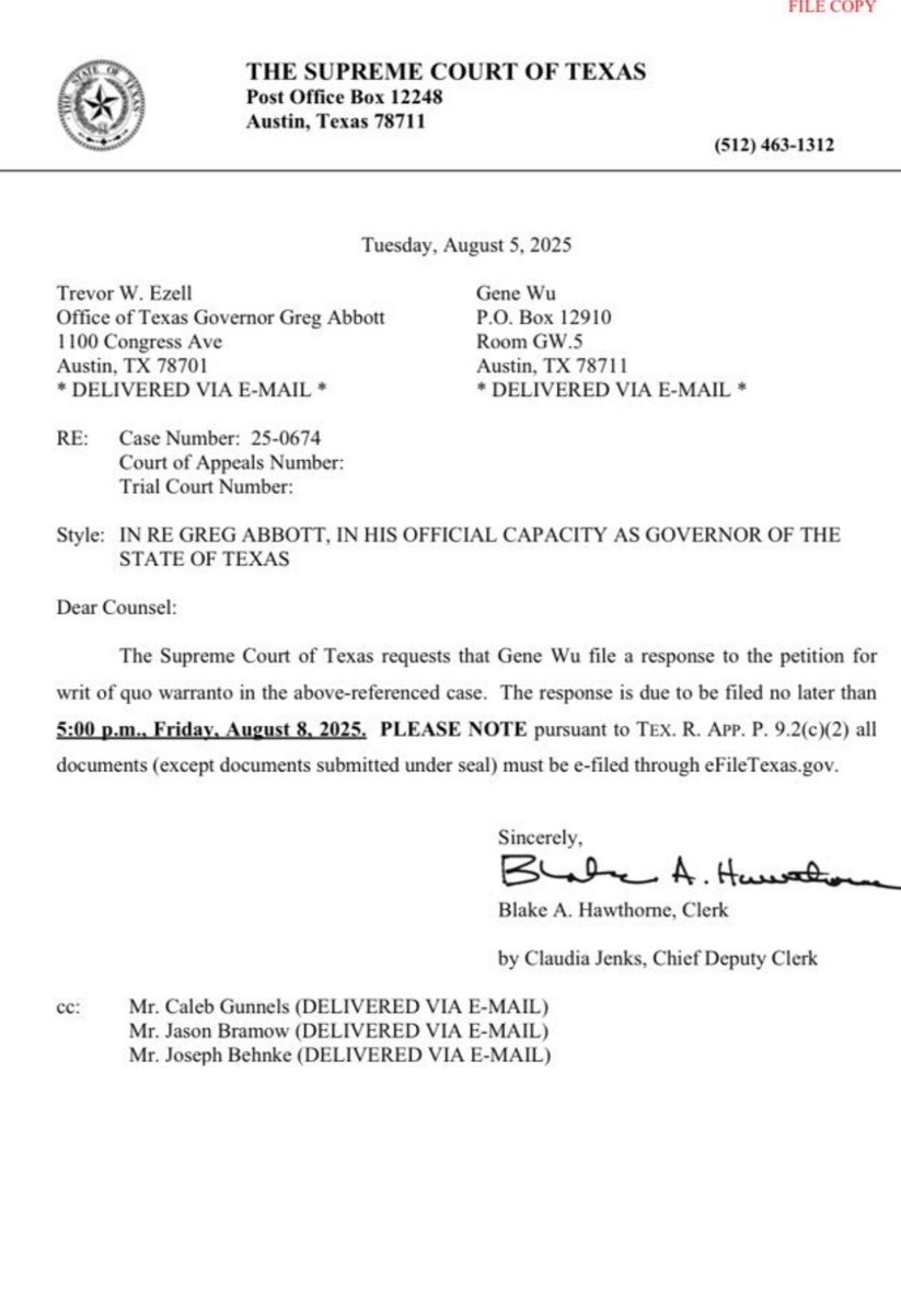 The Texas Supreme Court has now ordered the runaway ring leader of the derelict Democrats to respond to my lawsuit by Friday.