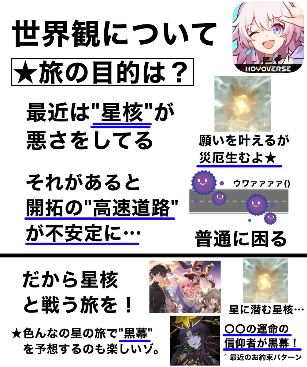 code26710's tweet image. 【スターレイル…解説系(固定)】

運命や派閥…主人公達の組織…
旅の目的を超ざっくりまとめ！

覚えるべき点を解説！
(コメ欄で解説系を更新します！)