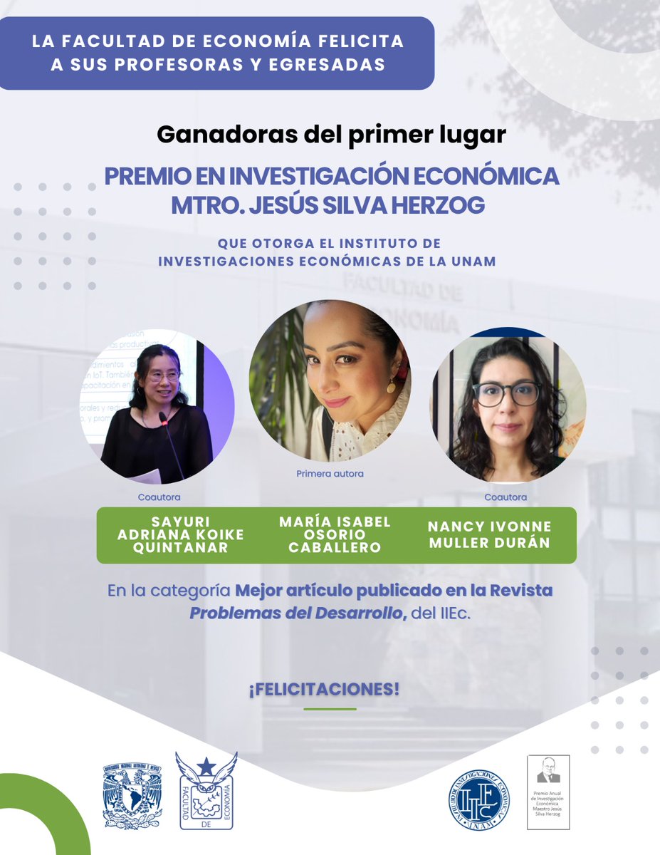 Coloquio de Mujeres en la Economía (@mujeresecon) on Twitter photo Desde <a href="/MujeresEcon/">Coloquio de Mujeres en la Economía</a> felicitamos a <a href="/Isabel_OsorioC/">Isabel.OsorioC</a>,Nancy Muller y Sayuri Quintanar,ganadoras del 1er lugar del Premio en Investigación EconómicaJesús Silva Herzog 🏆por el mejor artículo en Problemas del Desarrollo(IIEc-UNAM).¡Nos inspiran y nos enorgullecen!💜#MujeresEnLaEconomía Desde <a href="/MujeresEcon/">Coloquio de Mujeres en la Economía</a> felicitamos a <a href="/Isabel_OsorioC/">Isabel.OsorioC</a>,Nancy Muller y Sayuri Quintanar,ganadoras del 1er lugar del Premio en Investigación EconómicaJesús Silva Herzog 🏆por el mejor artículo en Problemas del Desarrollo(IIEc-UNAM).¡Nos inspiran y nos enorgullecen!💜#MujeresEnLaEconomía