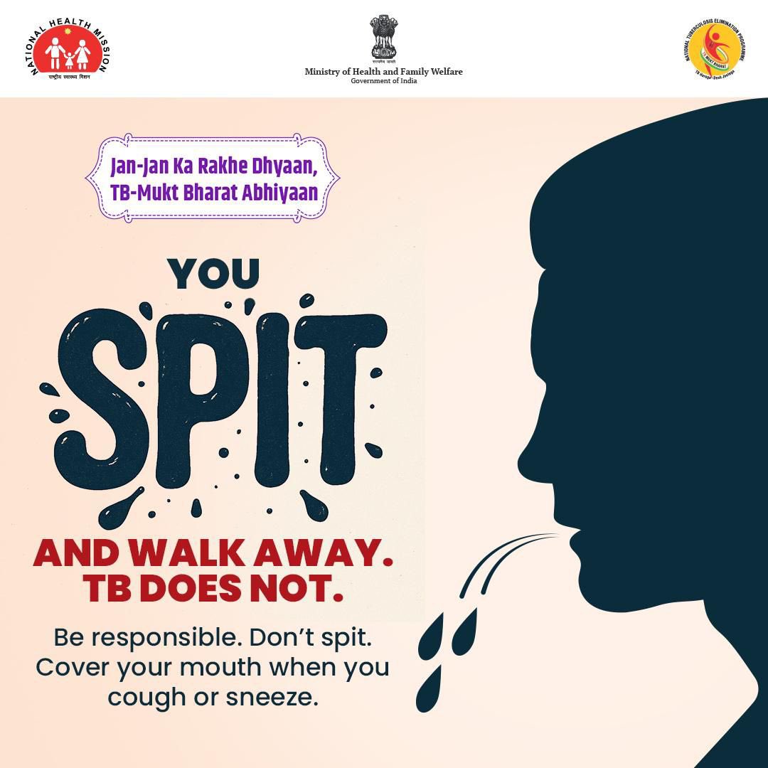 Spitting in public puts others at risk. TB spreads through the air. This can cause serious harm. *Stop spitting. Cover your mouth when you cough or sneeze*.
 
Stay safe. Help others stay safe too.
 
#TBMuktBharat